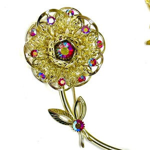 Vintage Brooch Signed Sarah Flower Red Rhinestone Vtg Costume Jewelry AU02